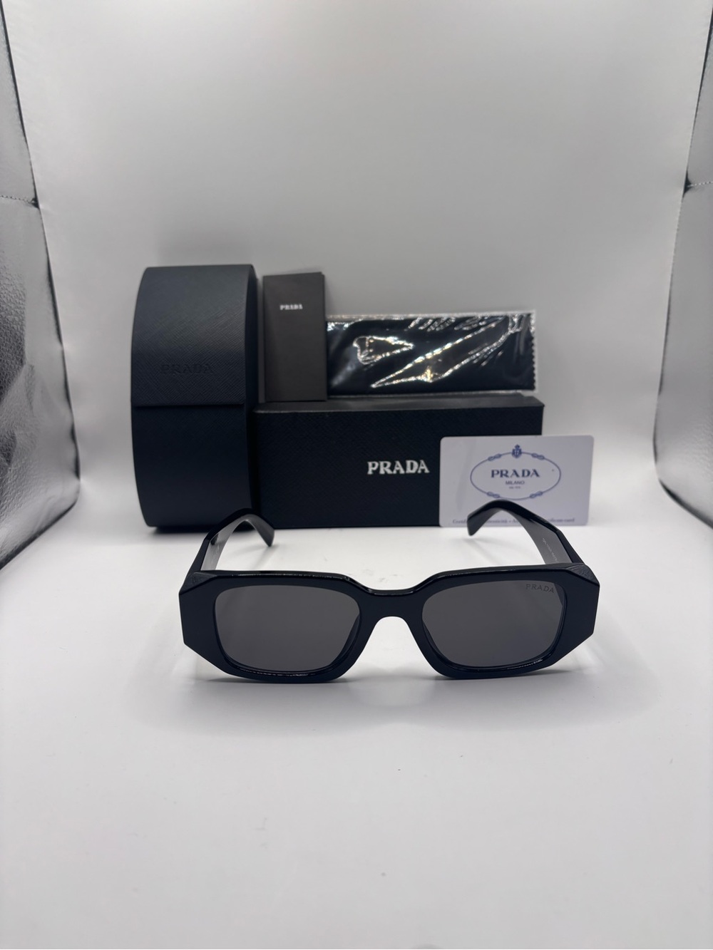 Prada Black Rectangular Sunglasses with Dark Lenses